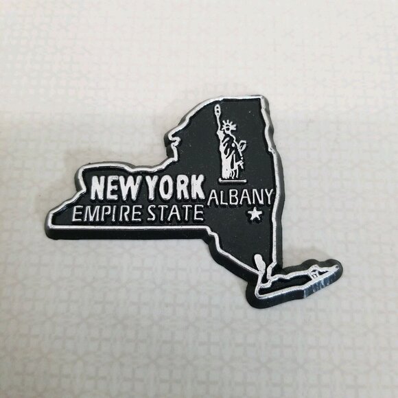 New York Refrigerator Magnet Collectible Travel Black Silver Albany Empire State - Picture 1 of 2